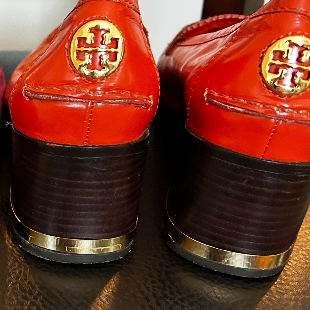 Tory Burch Red Leather Heels with Gold Accents